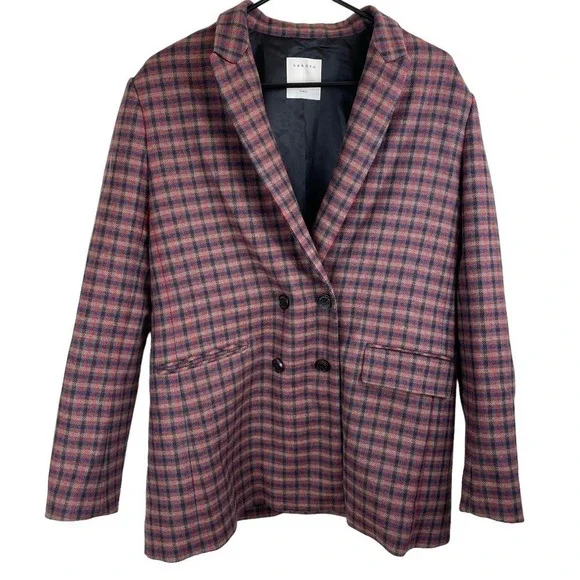 NWT SANDRO Toms Double-Breasted Checked Wool-Blend Blazer Multicolor Size 42